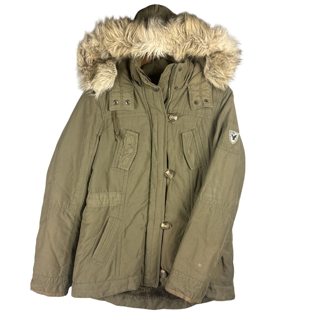 Vintage American Eagle Jacket Women Green Military Parka Fur Trim Army Y2K 2011